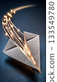 Creative paper airplane with glowing lights soaring against a dark background 133549780