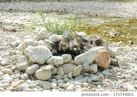 River Stones Stacked Like a Campfire Circle 133549801