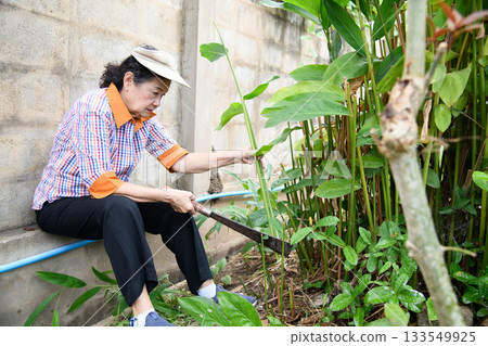 An old woman is happily gardening 133549925