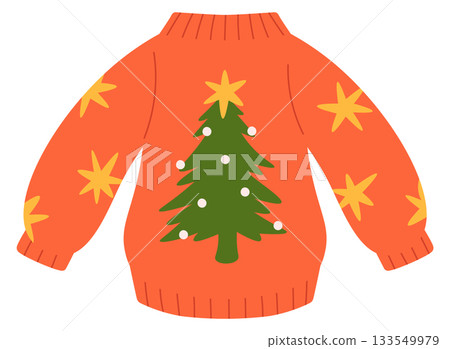 A cartoon Christmas sweater with a tree and stars on it A cartoon Christmas sweater with a tree and stars on it 133549979