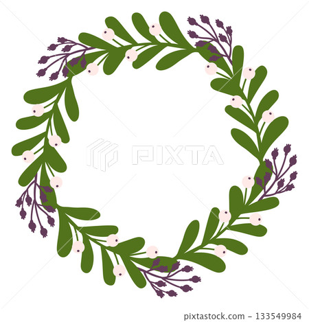 A wreath made of green leaves and purple flowers A wreath made of green leaves and purple flowers 133549984