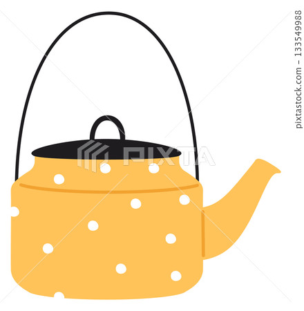A yellow teapot with a handle and a white background 133549988