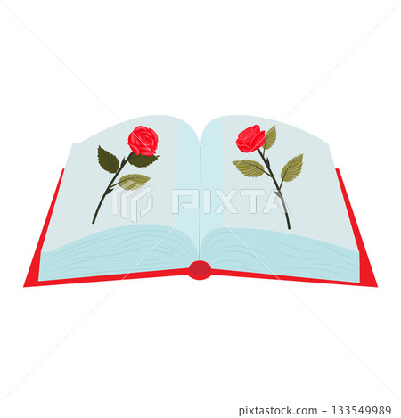 An open book with red roses on its pages. Vector illustration isolated on a white background. 133549989