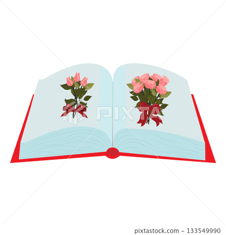 An open book with elegant bouquets of pink roses tied with red bows on its pages. Vector illustration isolated on a white background. An open book with elegant bouquets of pink roses tied with red bows on its pages. Vector illustration isolated on a white background. 133549990