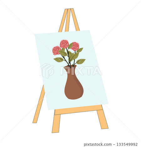 Canvas on an easel depicting a bouquet of roses in a vase. Vector illustration isolated on a white background. 133549992