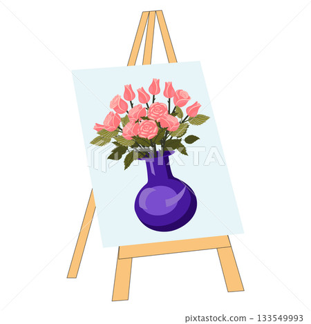 A canvas on an easel depicting a lush bouquet of light pink roses in a blue vase. Vector illustration isolated on a white background. A canvas on an easel depicting a lush bouquet of light pink roses in a blue vase. Vector illustration isolated on a white background. 133549993