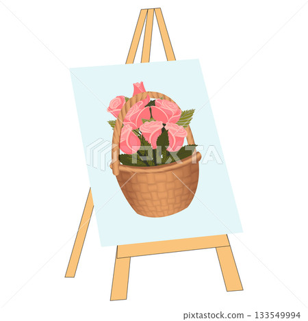 Canvas on an easel depicting a bouquet of light pink roses in a wicker basket. Vector illustration isolated on a white background. 133549994