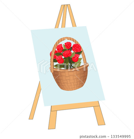 A bouquet of bright red roses in a basket tied with a scarlet bow. Vector illustration isolated on a white background. A bouquet of bright red roses in a basket tied with a scarlet bow. Vector illustration isolated on a white background. 133549995