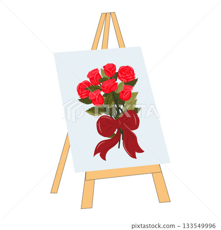 A canvas on an easel depicting a bouquet of bright red roses tied with a scarlet ribbon. Vector illustration isolated on a white background. 133549996