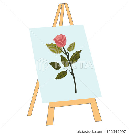 A canvas on an easel depicting a single, lovely dusty pink rose. Vector illustration isolated on a white background. 133549997