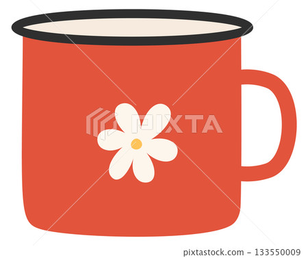 A red coffee cup with a white flower on it A red coffee cup with a white flower on it 133550009