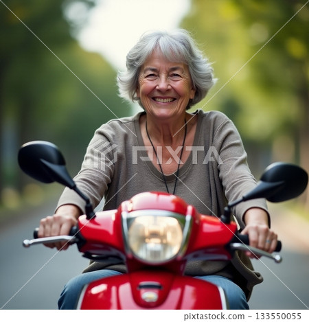 Joyful woman riding a red scooter through a sunny park Generative AI 133550055