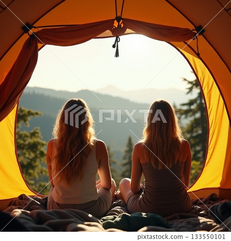 Two friends enjoying nature from their cozy tent at sunrise Generative AI 133550101