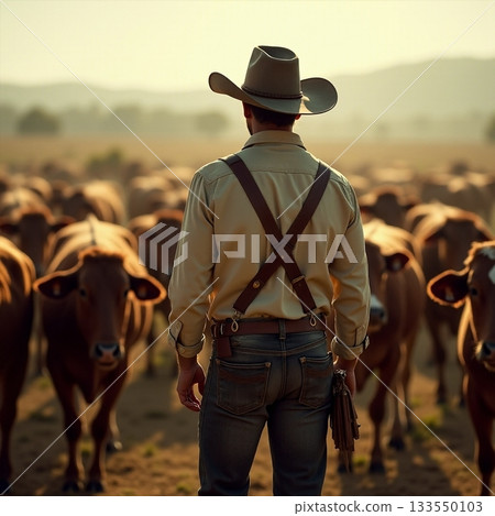 Herding cattle at sunset in a tranquil countryside setting Generative AI 133550103
