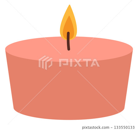 A small pink candle with a yellow flame sits on a white background A small pink candle with a yellow flame sits on a white background 133550133