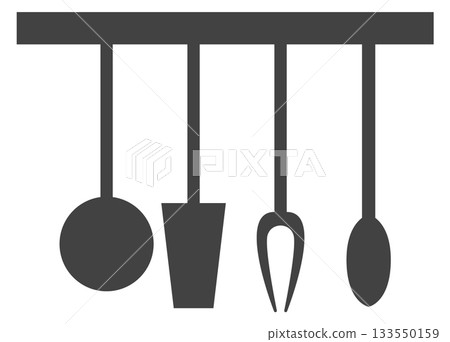 A black and white image of kitchen utensils hanging from a rack A black and white image of kitchen utensils hanging from a rack 133550159