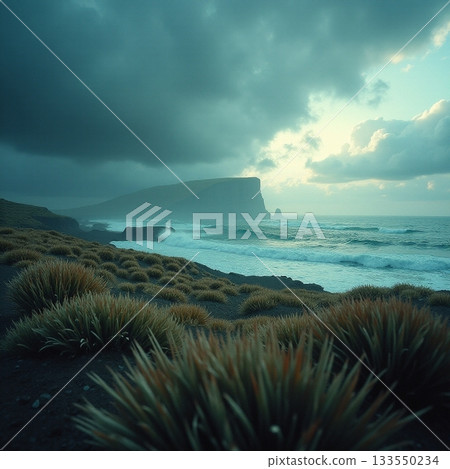 Majestic cliffs and wild grass under cloudy sky at dusk Generative AI 133550234