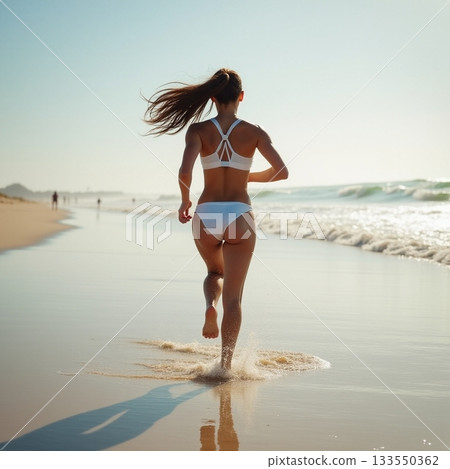 Woman runs along the beach at sunset near the ocean Generative AI 133550362