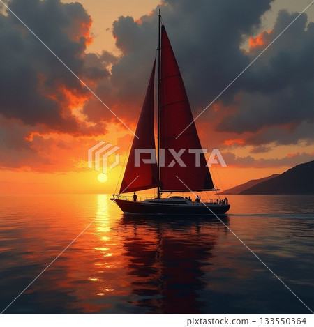 Sailing under a vibrant sunset with a red sail in the ocean Generative AI Sailing under a vibrant sunset with a red sail in the ocean Generative AI 133550364
