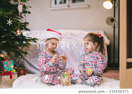 Children in festive pajamas excitedly explore a jar of holiday treats beside a decorated Christmas tree during the festive season. Joyful siblings sit on cozy rug, getting into jar filled with sweets. Children in festive pajamas excitedly explore a jar of holiday treats beside a decorated Christmas tree during the festive season. Joyful siblings sit on cozy rug, getting into jar filled with sweets. 133550371