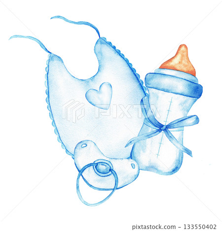 Baby essentials composition with blue bib, pacifier, and baby bottle for nursery decor. Watercolor illustration. For gender reveal party, baby shower, baptism, boy or girl party, Isolated. Hand drawn 133550402