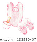 Charming pink baby bodysuit with shoes and pacifier design for nursery decor. Watercolor illustration for card, invitation. For gender reveal party, baby shower, baptism, boy or girl party, Isolated 133550407