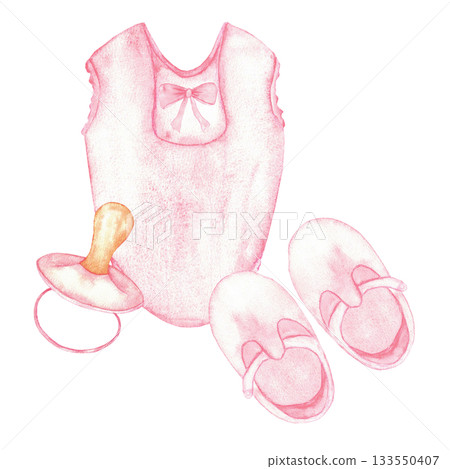 Charming pink baby bodysuit with shoes and pacifier design for nursery decor. Watercolor illustration for card, invitation. For gender reveal party, baby shower, baptism, boy or girl party, Isolated 133550407