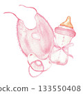 Delicate baby essentials collection featuring pink bib, pacifier, and baby bottle for nursery decor. For gender reveal party, baby shower, baptism, boy or girl party, Isolated. Watercolor illustration 133550408