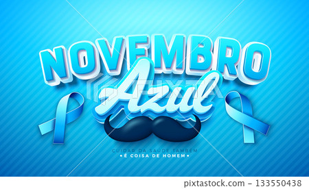 Blue November Prostate Cancer Banner Design with Mustache and Ribbon on Blue Background. Novembro Azul Portuguese Language Health Care Vector Illustration with Typography Letter for Flyer, Poster or 133550438