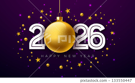 2026 Happy New Year Illustration with White Typography Number and Gold Christmas Ball on Falling Confetti Background. Holiday Design with Christmas Ornaments for Greeting Card, Flyer, Banner, Party 2026 Happy New Year Illustration with White Typography Number and Gold Christmas Ball on Falling Confetti Background. Holiday Design with Christmas Ornaments for Greeting Card, Flyer, Banner, Party 133550447