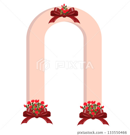 A wedding arch decorated with three bouquets of roses with red bows at the base and top. Vector illustration isolated on a white background. A wedding arch decorated with three bouquets of roses with red bows at the base and top. Vector illustration isolated on a white background. 133550466