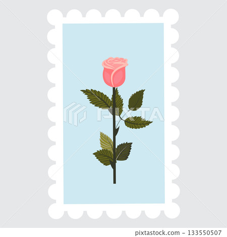 A postage stamp depicting a pink rose on a stem. A postage stamp depicting a pink rose on a stem. 133550507
