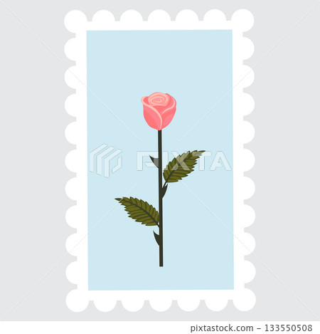 A postage stamp depicting a  pink rose on a stem. 133550508