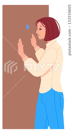 Woman look in door peephole. Privacy protection concept 133550605