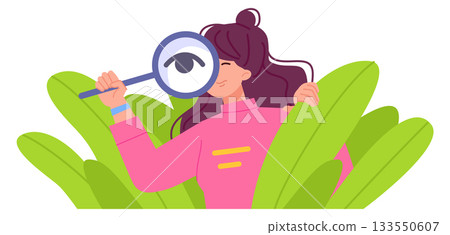 Woman look in magnify glass from bush. Spying person Woman look in magnify glass from bush. Spying person 133550607