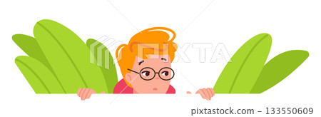 Child spying from bush. Boy character looking suspicious 133550609