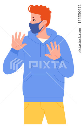 Man show denial gesture in medical mask. Pandemic prevention 133550611