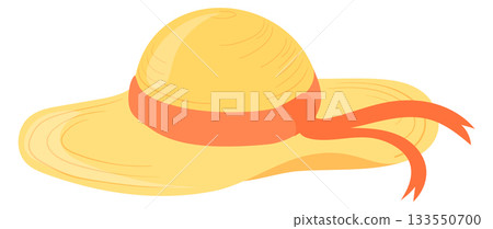 Straw hat with red ribbon. Cartoon headdress icon 133550700