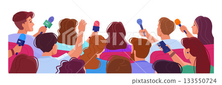 Reporters with mics rear view. Press conference journalists Reporters with mics rear view. Press conference journalists 133550724