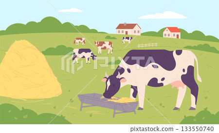 Farm field scene with cows. Summer rural nature 133550740