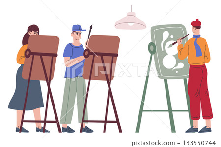 Art class students painting on canvases color icon 133550744