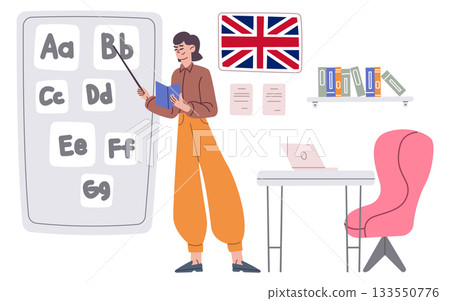 Woman teaching english. Woman in classroom color character 133550776
