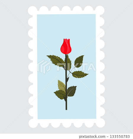 A postage stamp depicting a bright red rose on a stem. Vector illustration isolated on a gray background. A postage stamp depicting a bright red rose on a stem. Vector illustration isolated on a gray background. 133550783