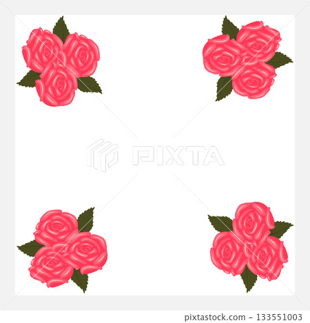 A frame decorated with lush, bright pink roses in the four corners. Vector illustration isolated on a white background. A frame decorated with lush, bright pink roses in the four corners. Vector illustration isolated on a white background. 133551003