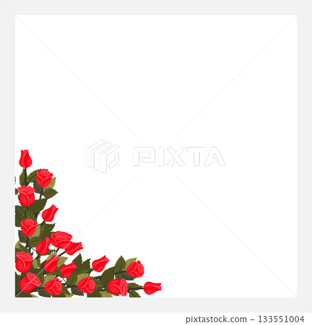 A frame decorated with bright red roses on a stem in the lower left corner. Vector illustration isolated on a white background. 133551004