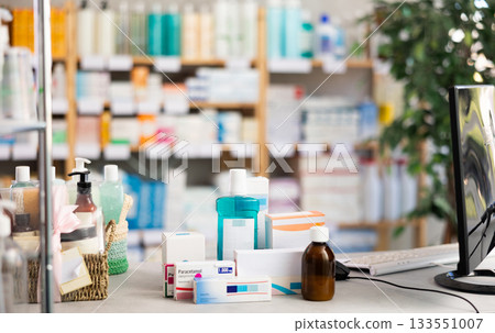 Close view of medical preparations in drugstore 133551007
