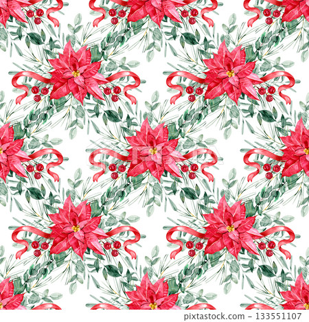 Holiday seamless pattern with bright poinsettias, soft eucalyptus branches and red accents. Ideal for Christmas packaging, scrapbooking, fabric prints, cards, branding and festive creative projects. Holiday seamless pattern with bright poinsettias, soft eucalyptus branches and red accents. Ideal for Christmas packaging, scrapbooking, fabric prints, cards, branding and festive creative projects. 133551107