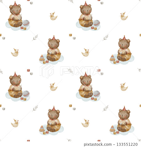 Pattern cute teddy bear duck sitting on cloud with toys cubes pyramid ball. Hand-drawn watercolor illustration in childish vintage style. Seamless print isolated from background for textiles wallpaper Pattern cute teddy bear duck sitting on cloud with toys cubes pyramid ball. Hand-drawn watercolor illustration in childish vintage style. Seamless print isolated from background for textiles wallpaper 133551220