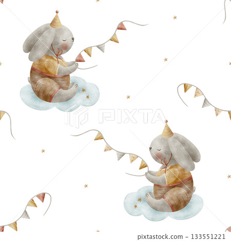 Pattern cute bunny in party hat on clouds, festive garland, stars. Watercolor illustration is hand-drawn in childish vintage style. Seamless print is isolated from background for textiles, wallpaper Pattern cute bunny in party hat on clouds, festive garland, stars. Watercolor illustration is hand-drawn in childish vintage style. Seamless print is isolated from background for textiles, wallpaper 133551221