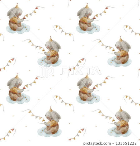 Pattern cute bunny in party hat on clouds, festive garland, stars. Watercolor illustration is hand-drawn in childish vintage style. Seamless print is isolated from background for textiles, wallpaper Pattern cute bunny in party hat on clouds, festive garland, stars. Watercolor illustration is hand-drawn in childish vintage style. Seamless print is isolated from background for textiles, wallpaper 133551222